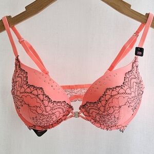 🇨🇦 La Senza Hello Sugar Coral Orange & Black Lace Pushup Bra 32D
